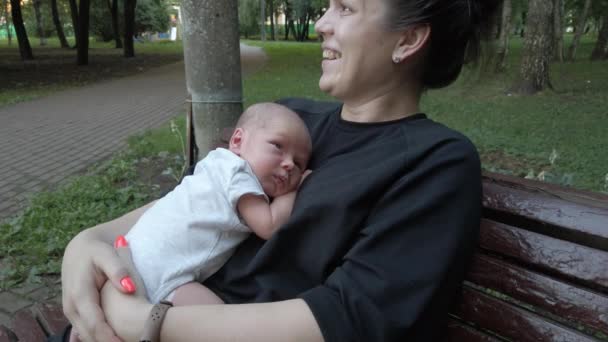 벤치에 어미의 태어난 아기가 — 비디오