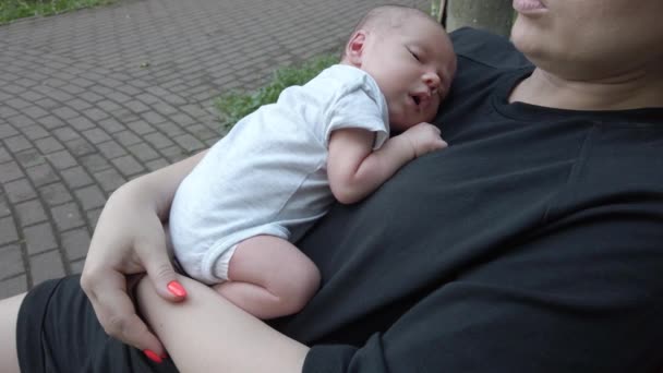 一个新生儿躺在一位坐在公园长椅上的母亲的胸前 — 图库视频影像