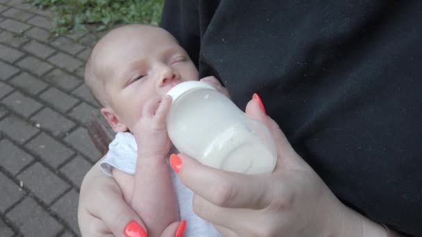 Μητέρα Σίτιση Του Μωρού Στο Πάρκο Μητρικό Γάλα Μπιμπερό — Αρχείο Βίντεο