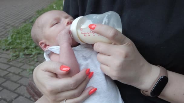 妈妈把母乳和奶瓶放在公园喂孩子 — 图库视频影像