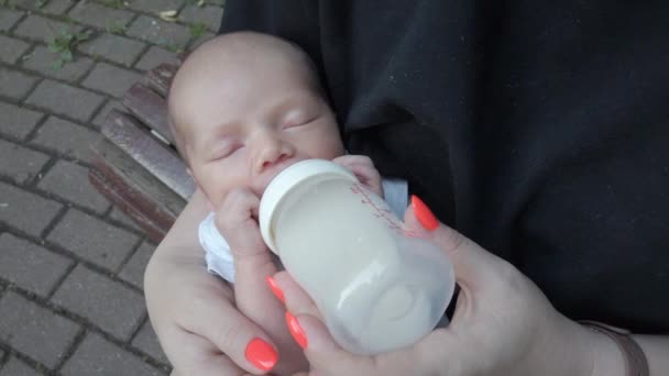 Mãe Que Alimenta Bebê Parque Com Leite Materno Com Mamadeira — Vídeo de Stock