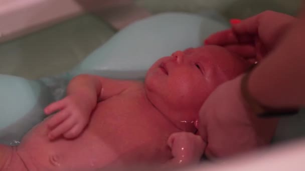 Bebé recién nacido tomando un baño. Bebé recién nacido a la hora del baño. — Vídeos de Stock