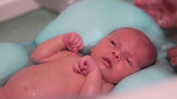 Yeni doğmuş küçük bebek banyo yapıyor. Yeni doğmuş bebek banyo zamanı.. — Stok video