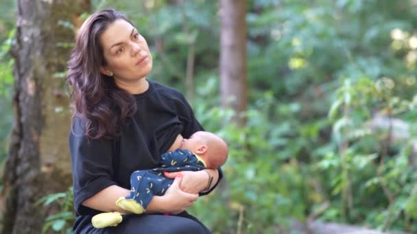妇女在森林里休息时喂孩子. — 图库视频影像