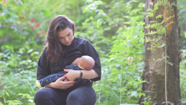 Vrouw borstvoeding haar baby zoon terwijl rusten in bos. — Stockvideo