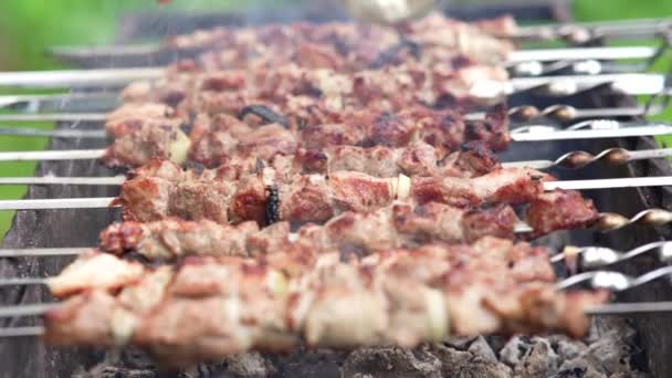 Grillezett Shish Kebab Nyárson Pörkölt Sertéshús Barbecue Főzve — Stock videók