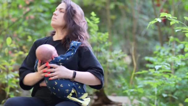 Young Cute Mom Feeding Baby Breast Milk Forest — Stock Video