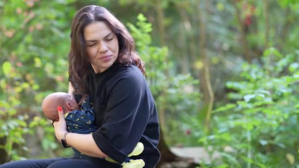 Jovem Bonito Mãe Alimentando Bebê Leite Materno Floresta — Vídeo de Stock