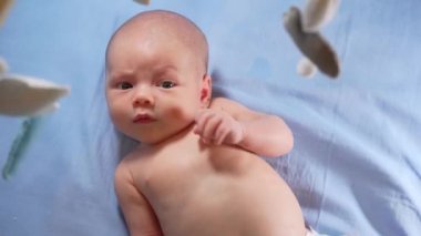 Çocuk, bebek beşiğinin üzerinde dönen el yapımı yumuşak oyuncaklarla müzikal bebek hareketine bakıyor..