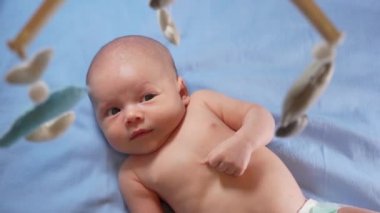 Çocuk, bebek beşiğinin üzerinde dönen el yapımı yumuşak oyuncaklarla müzikal bebek hareketine bakıyor..