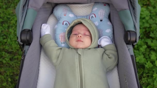 Bebé Recién Nacido Acostado Carro Bebé Fondo Hierba — Vídeos de Stock