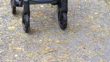 Sonbaharda yaprakların ve su birikintilerinin üzerinde giden bir bebek arabasının tekerlerinin yakın çekimi.