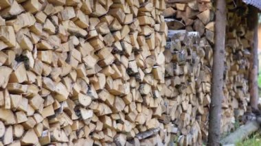 Soba ve banyo için kış için yakacak odun hazırlıyorum. Odun yığını, kocaman kütüklerin manzarası. Kırsal yaşam.