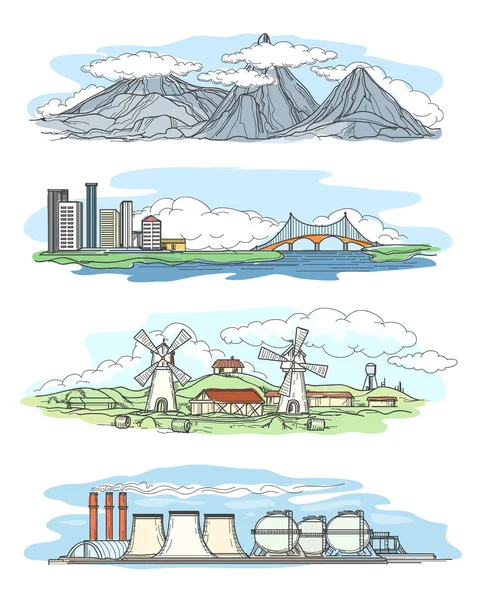 Paisagens em estilo desenho mão . — Vetor de Stock