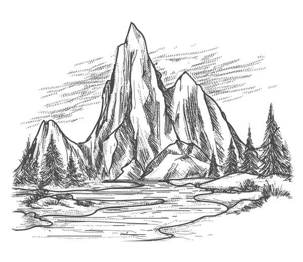Mountain lake with pine trees — Stock Illustration Mountain lake with pine trees Royalty Free Stock Illustrations