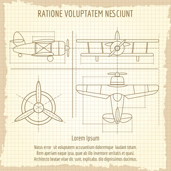 Gambar retro pesawat. Gambar blueprint model pesawat, gambar retro vektor - Stok Vektor