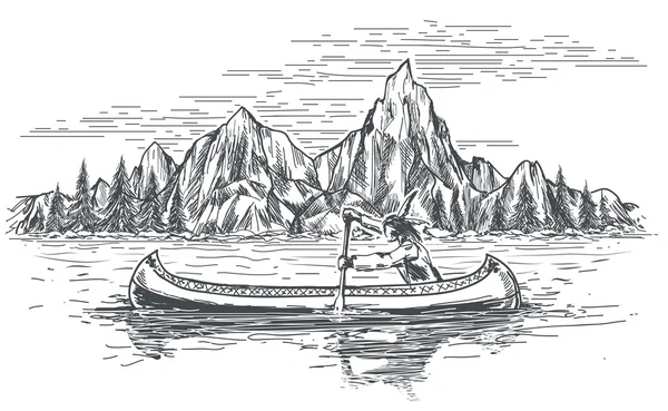 美国原住民在独木舟船 — 图库矢量图片