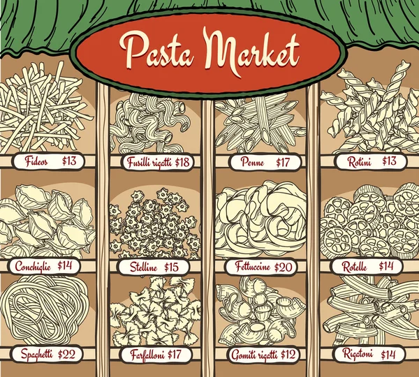 Verschiedene Arten von Pasta mit Preisen — Stockvektor