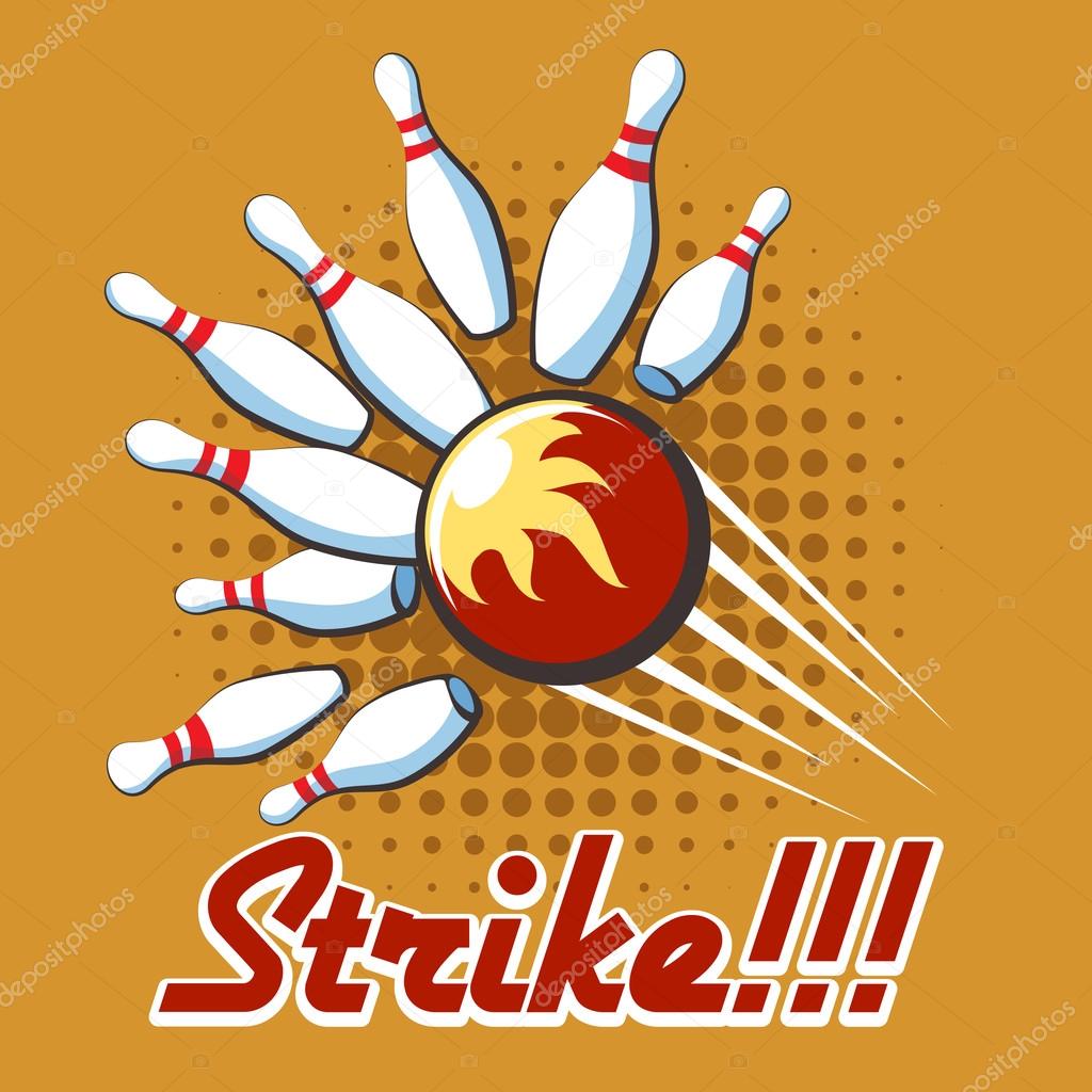 Bowling strike retro poster. Pop art bowling strike label, Vector illustration