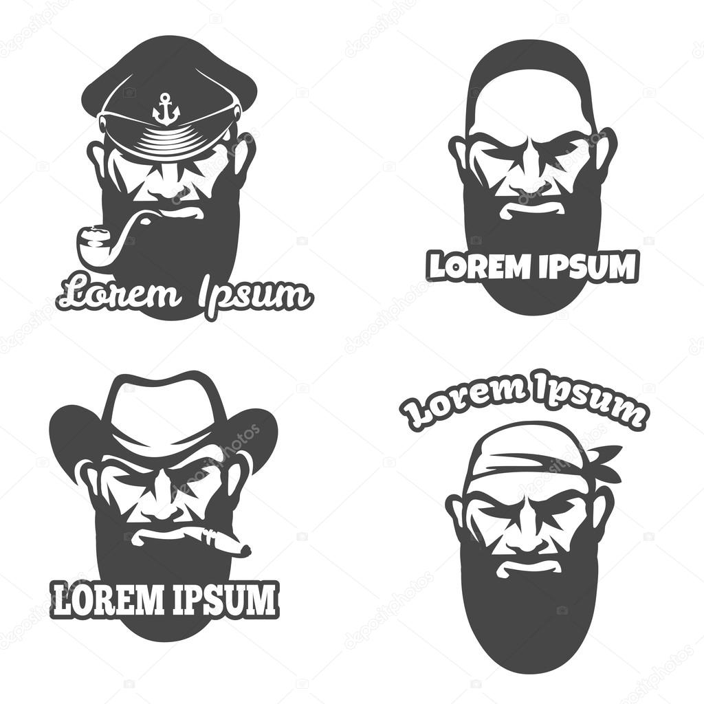 Caucasian face logo element. Pirate and gangster logo face, captain and wild west cowboy face