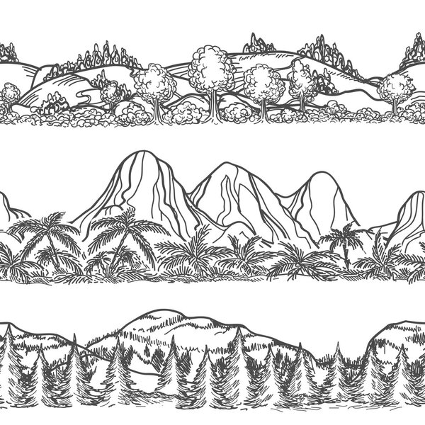Mountains and forest hand drawn landscapes