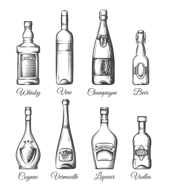 Botellas de alcohol en estilo dibujado a mano — Vector de stock