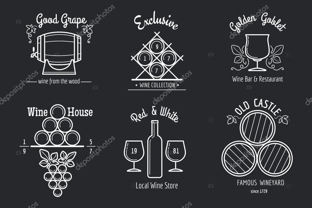 Wine line logo set. Winemaking or winery thin line signs for wine bar or wine restaurant menu. Vector illustration