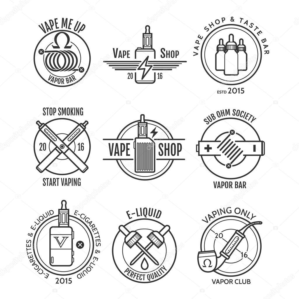 Vape shop labels and vapor bar logo, e-cigarette shop emblems or vaping badges vector set