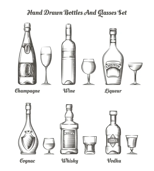Diferentes garrafas e copos de álcool —  Vetores de Stock