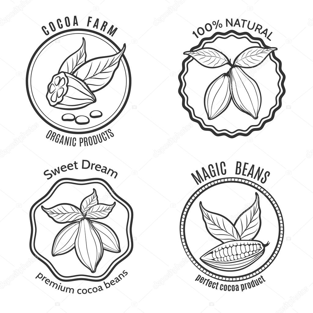 Hand drawn cacao logo set and cacao chocolate labels, Vector illustration
