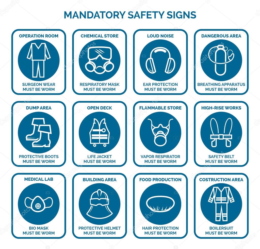 Mandatory health safety signs . Work safety equipment logo. Vector illustration
