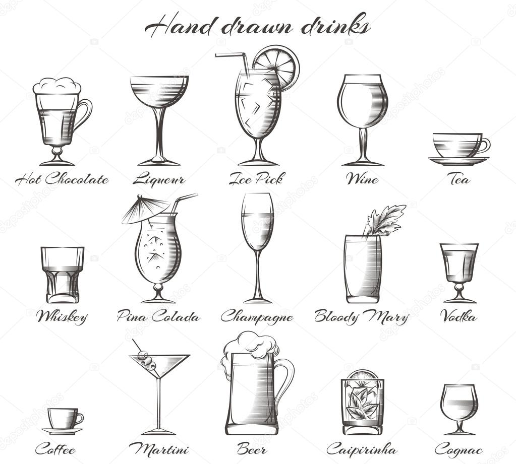 Hand drawn drinks. Vector sketch of alcoholic and non-alcoholic beverages