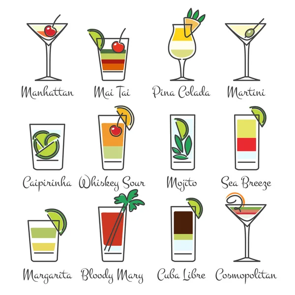 Alcohol cocktails linear icons — Stock Vector