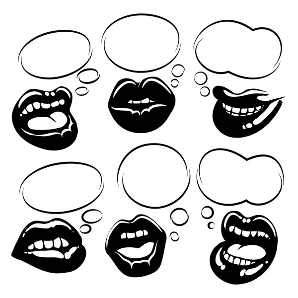 Set of black lips with bubble speech — Stock Vector