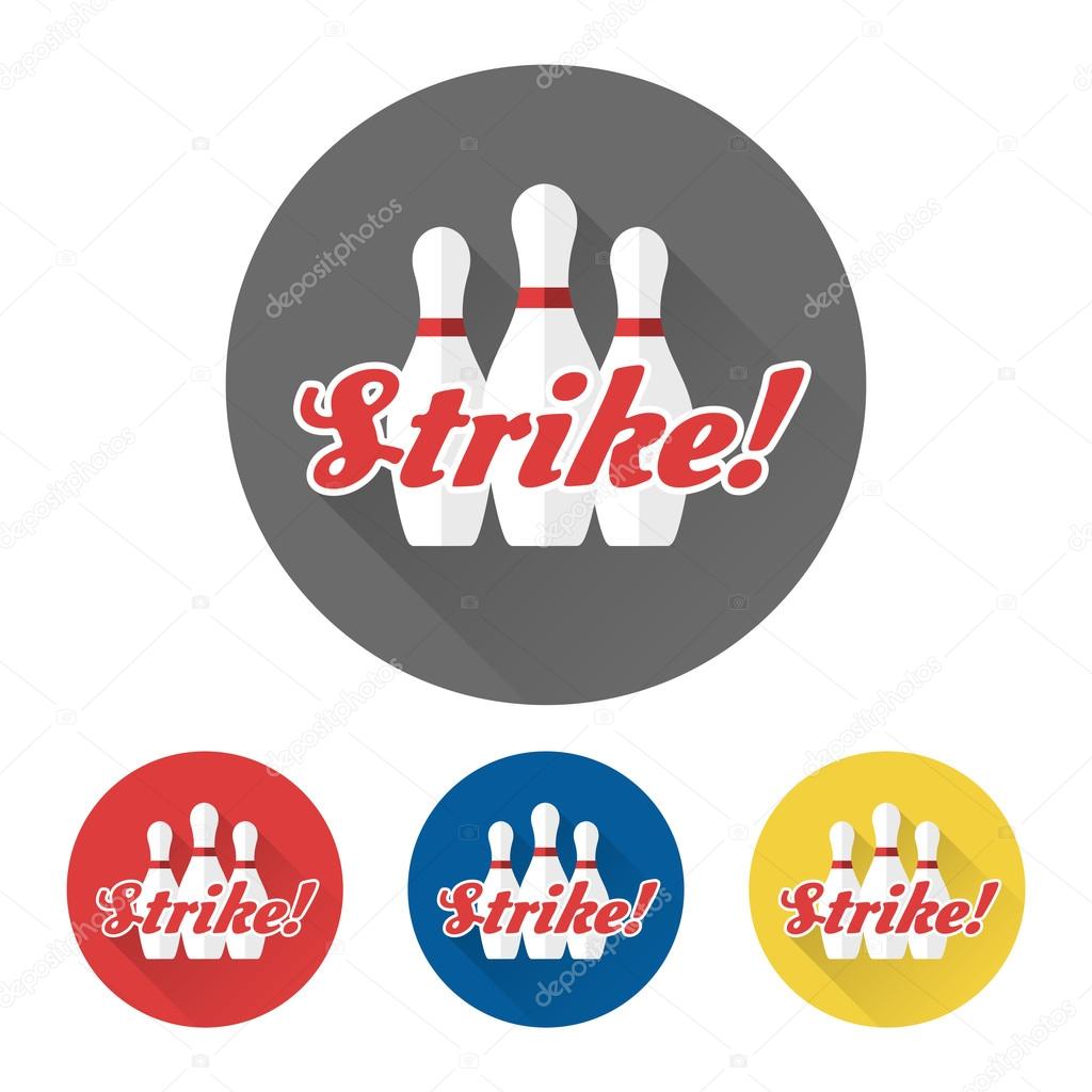 Flat skittles set and word Strike. Bowling icons vector