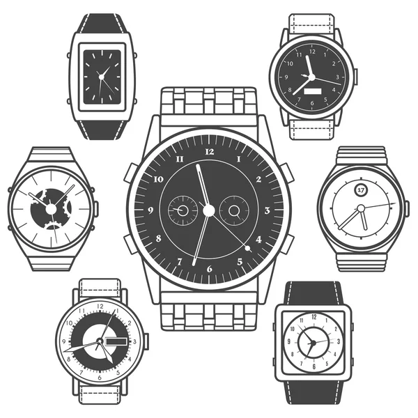 Reloj de mano negro iconos conjunto — Vector de stock