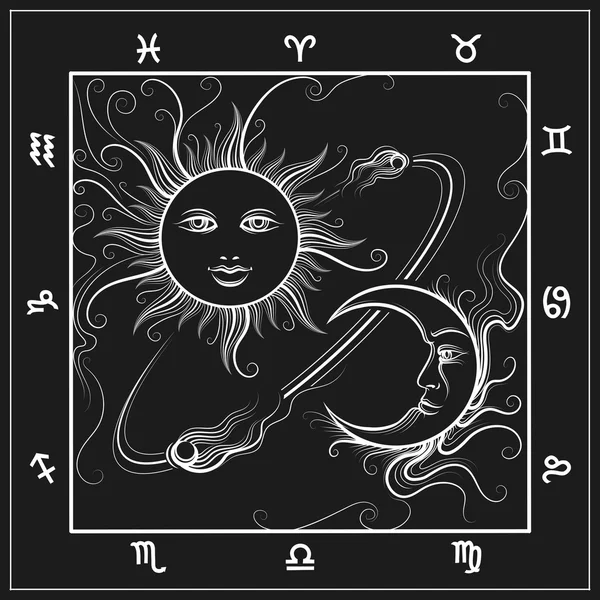Carte astrologique avec lune et soleil — Image vectorielle