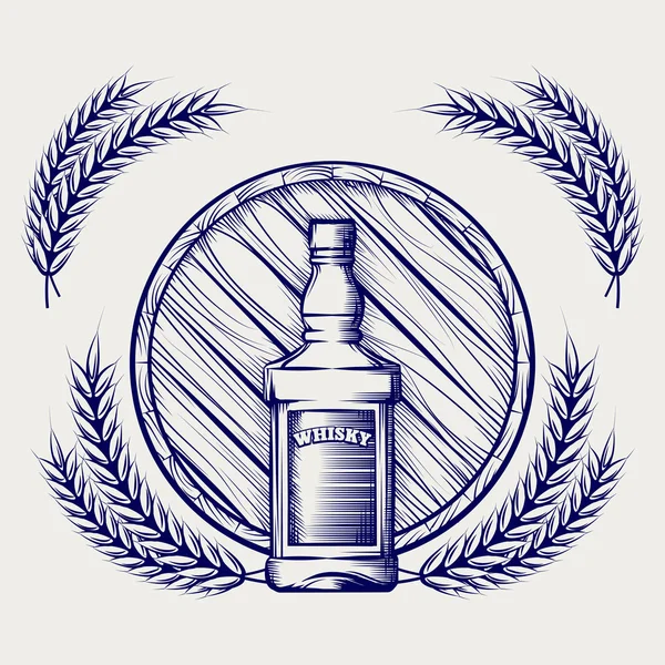 ウイスキー ボトルのバレルと小麦のスケッチ — ストックベクタ