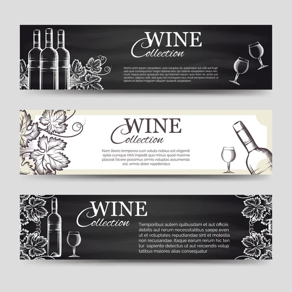 Bandeiras de vinho com copos e garrafas —  Vetores de Stock