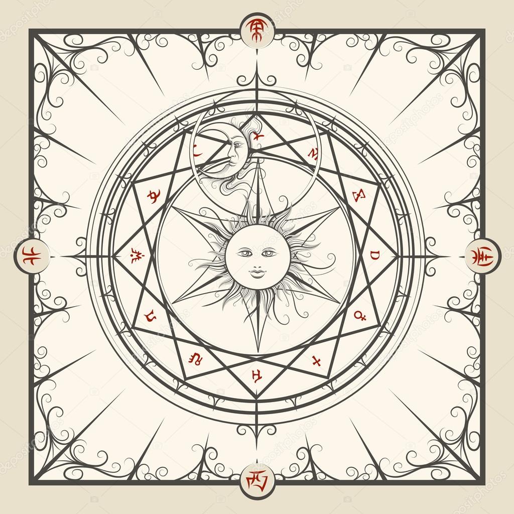 Alchemy magic circle. Mystic occult hermetic circle vector illustration