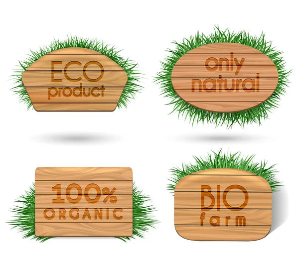 Carteles de alimentos ecológicos de madera con hierba — Vector de stock