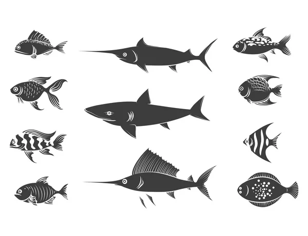 Grey fish silhouettes set — Stock Vector