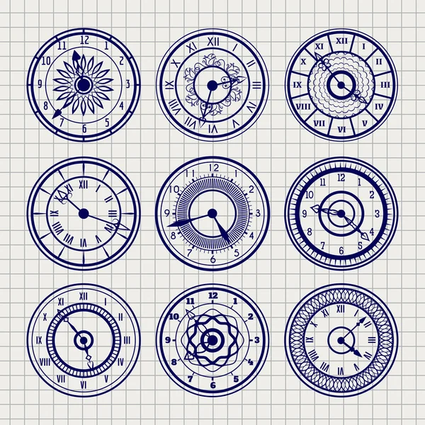 Διακοσμητικά ρολόγια σκίτσο Σετ στυλό — Διανυσματικό Αρχείο