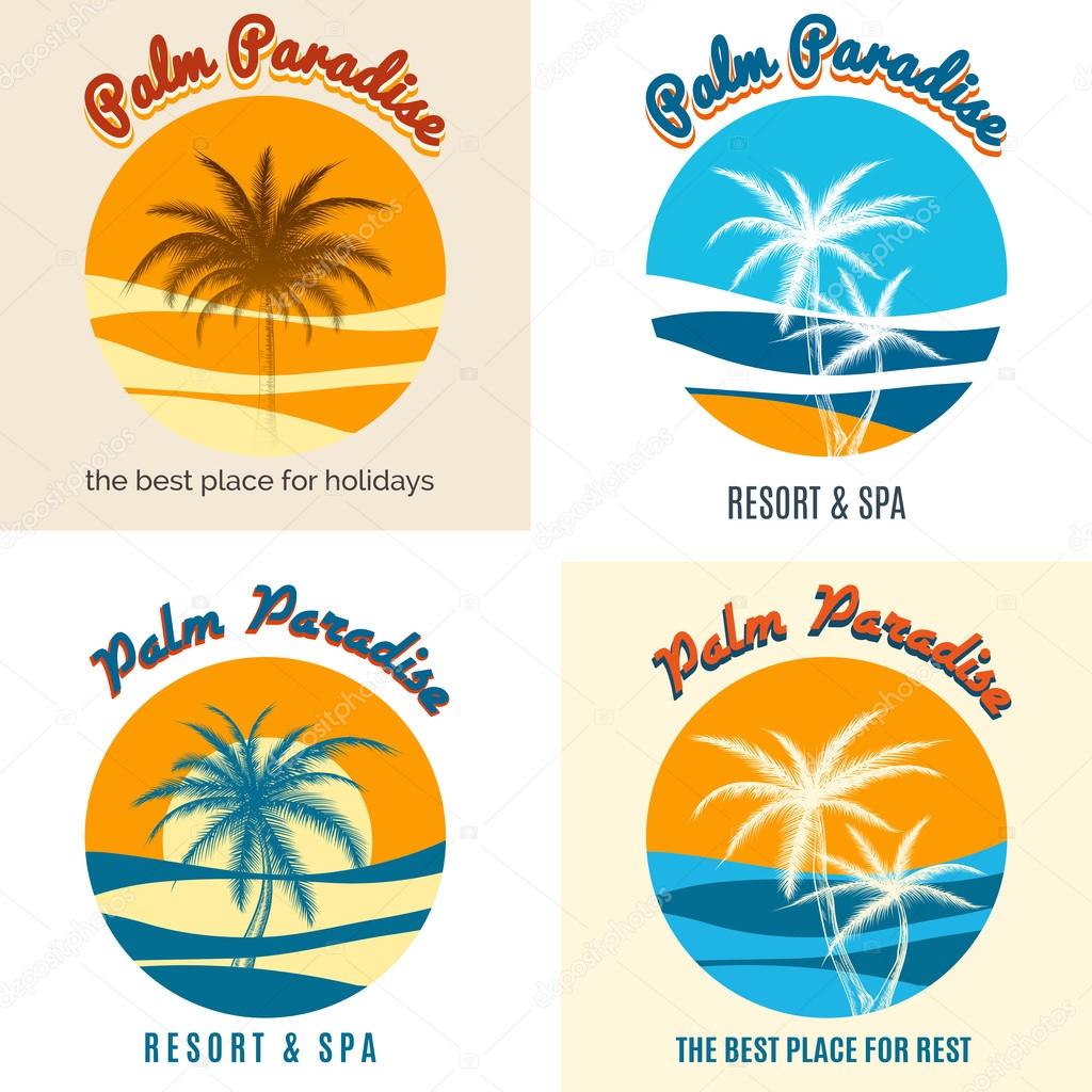 Palm paradise logo set with summer beach wave and palm tree vector illustration
