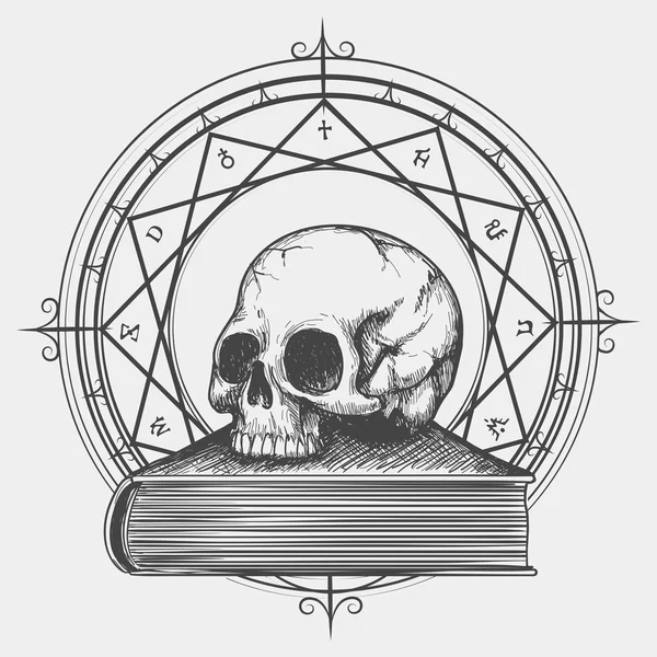 Magische boek schets met schedel — Stockvector