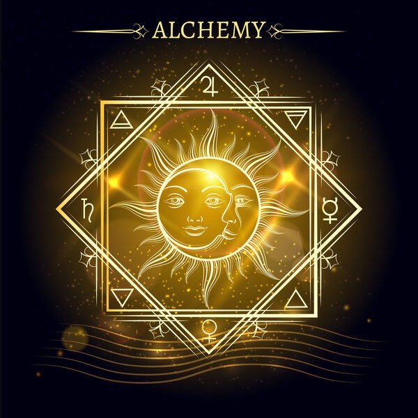 Sun and moon on shiny background