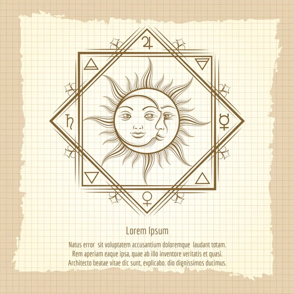 Sol y luna sobre fondo vintage — Vector de stock