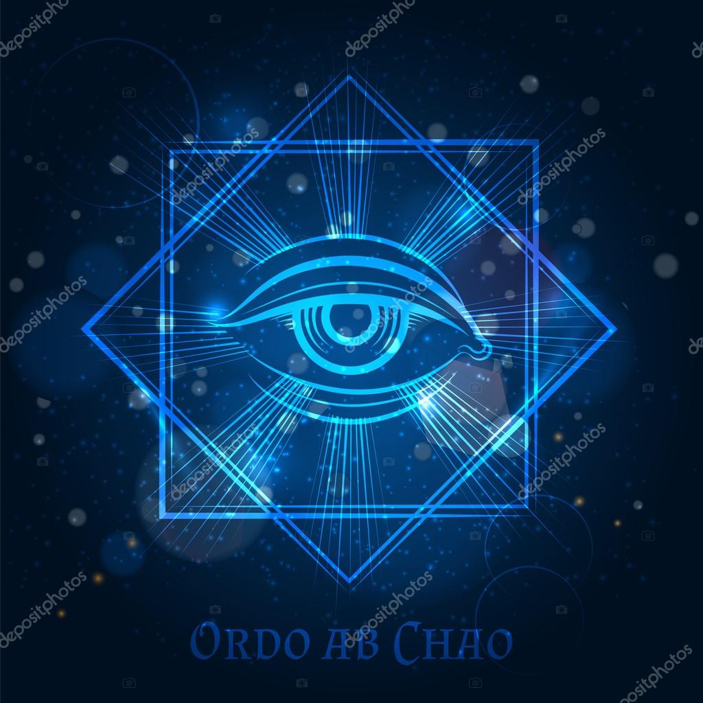 Mystical mason sign with eye on blue shining background. Vector illustration