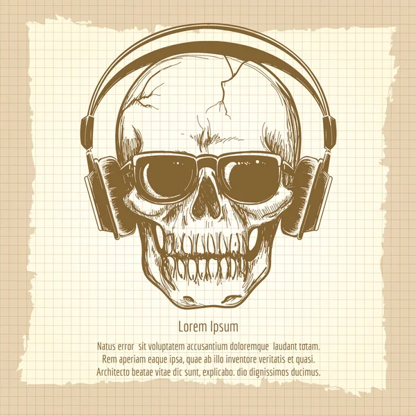 Kulaklık vintage tarzı ile kafatası kroki — Stok Vektör