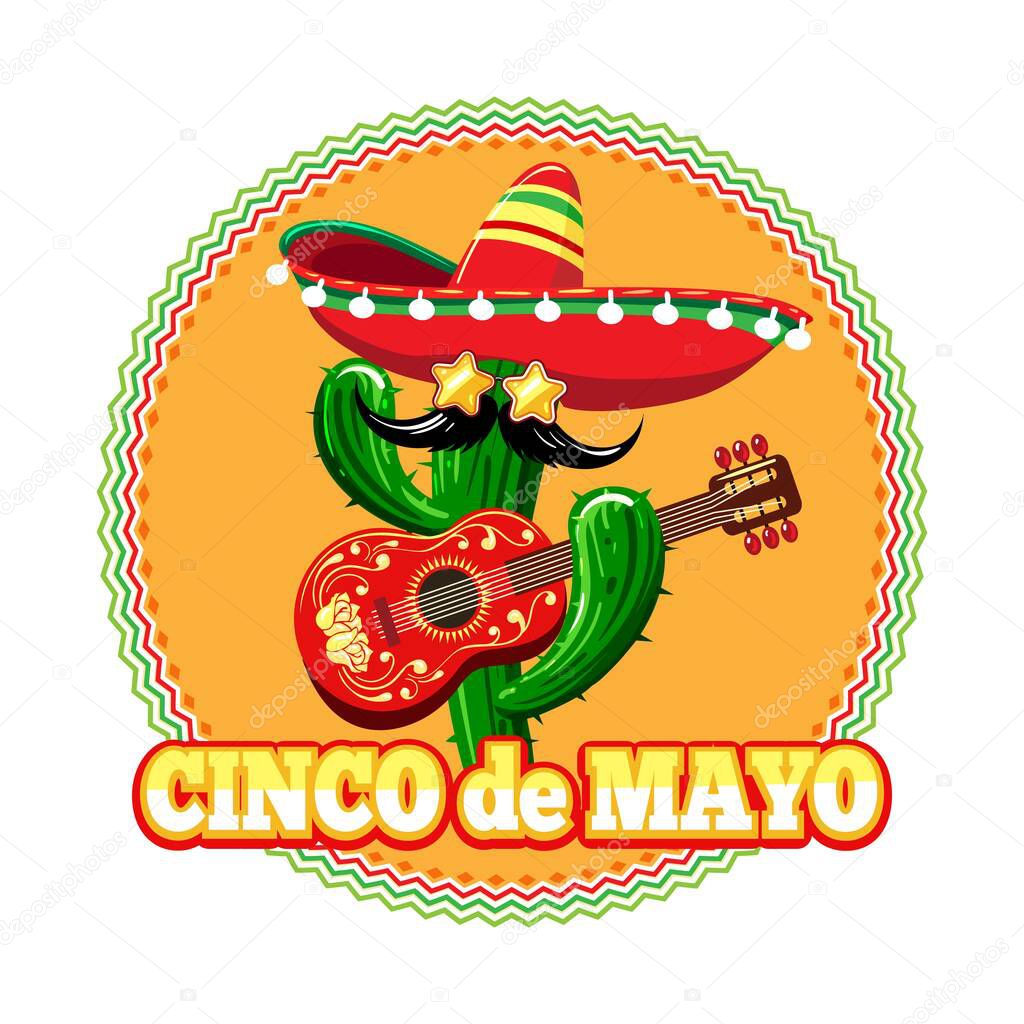 Mexican cinco de mayo emblem. Happy cactus with mustache , sombrero and guitar vector party decoration sign, mexico entertainment festival cartoon logo design on white
